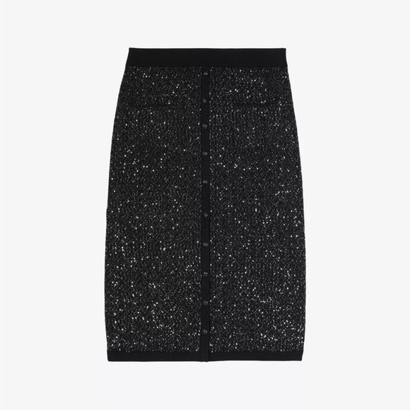 NWT | The Kooples | Black Knit Pencil Midi Skirt | Silver Sequin-Embellished - Picture 6 of 10